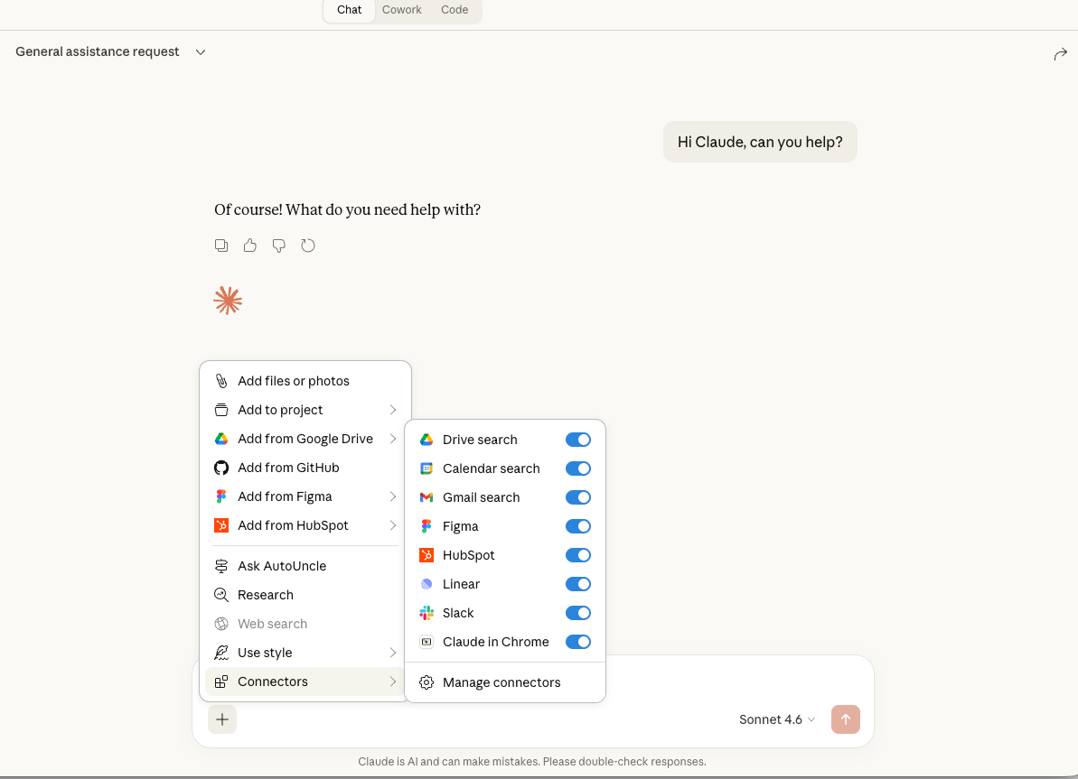 Claude connectors panel showing Drive, Calendar, Gmail, Figma, HubSpot, Linear, Slack, and Claude in Chrome