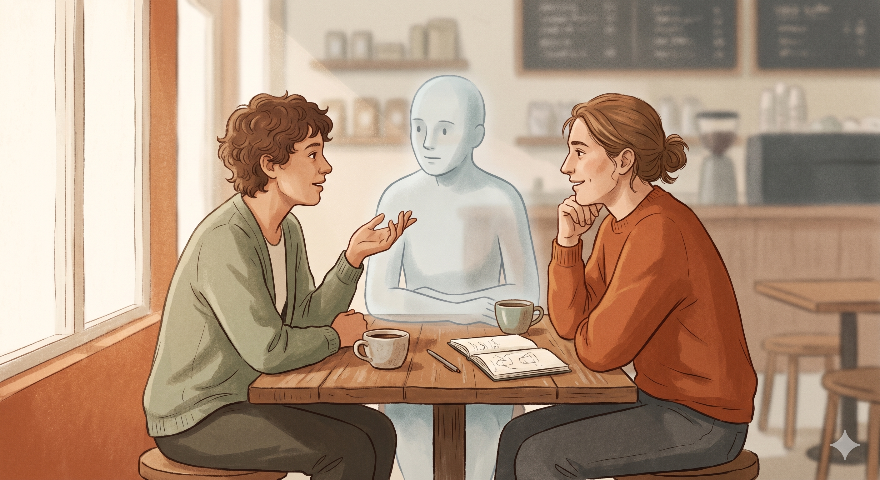Cover illustration for AI Between Us — two people in conversation across a small table, with a third presence quietly seated between them, rendered in muted earthy tones