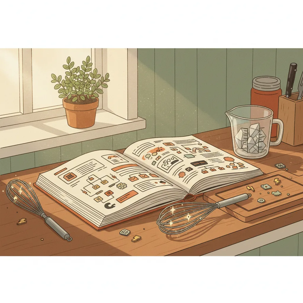 Illustration of an open cookbook on a kitchen counter with code diagrams instead of recipes, surrounded by kitchen tools and AI sparkles