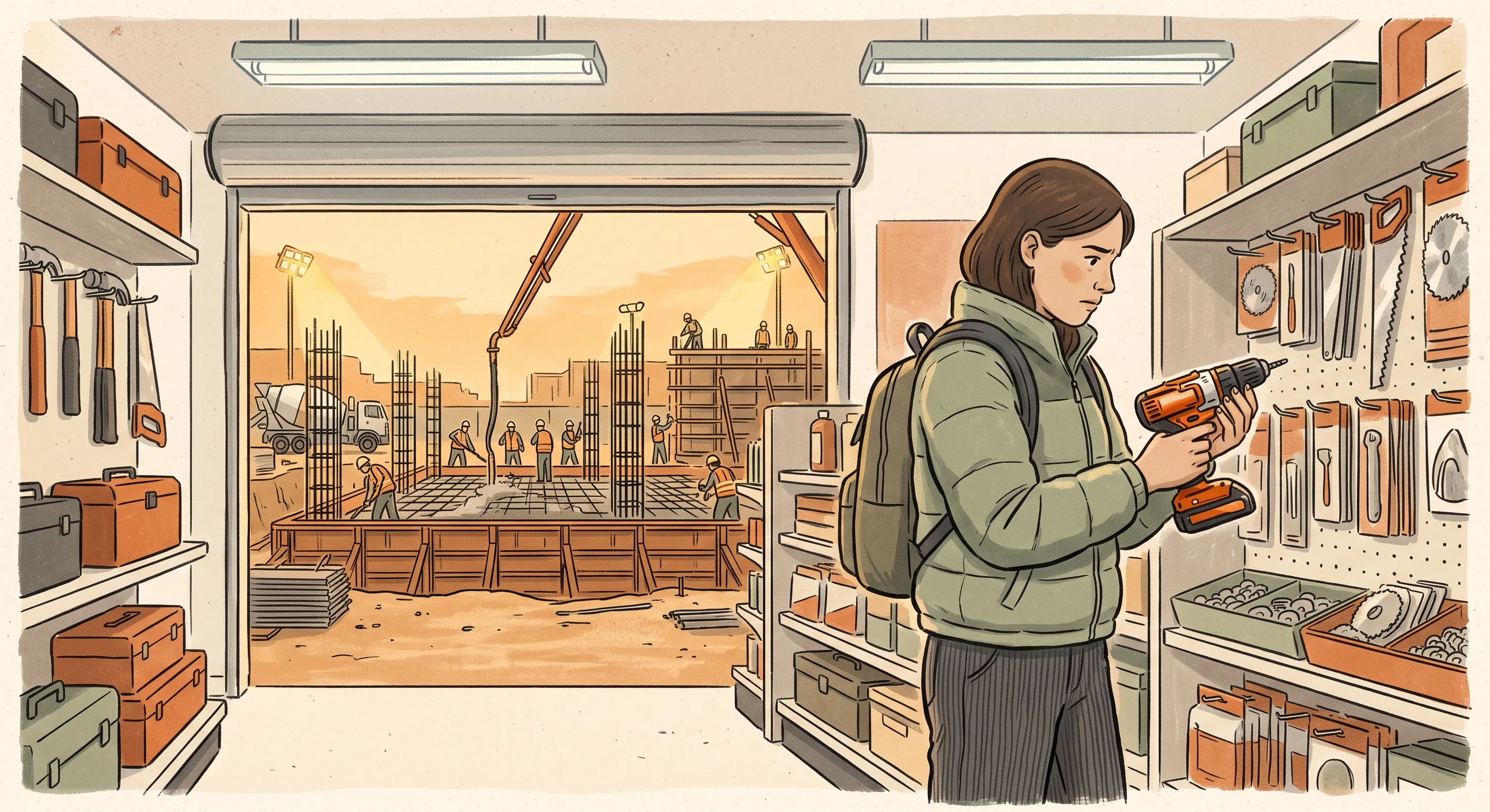 Someone inspecting a shiny power tool in a hardware shop while, through the open door behind them, foundations are being poured on a construction site