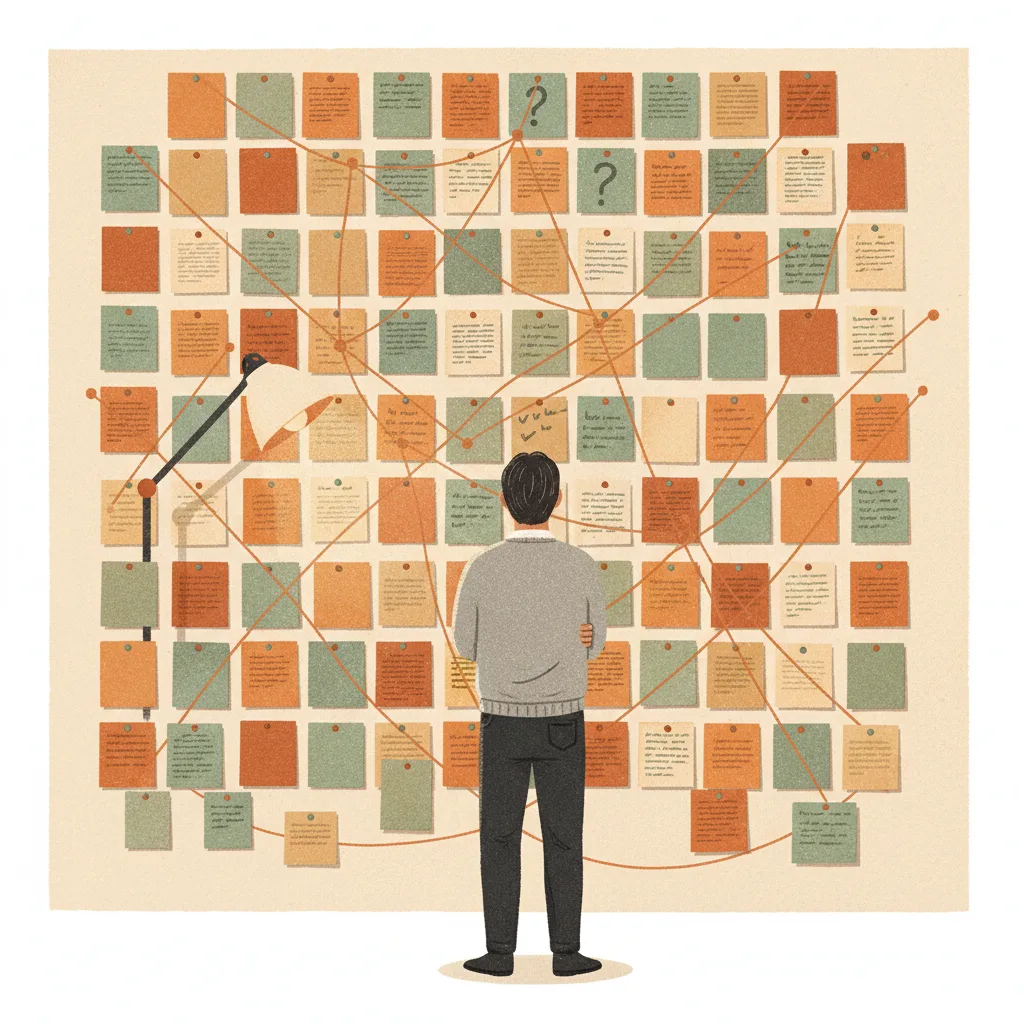 Illustration of a person contemplating a large wall covered in connected index cards and sticky notes