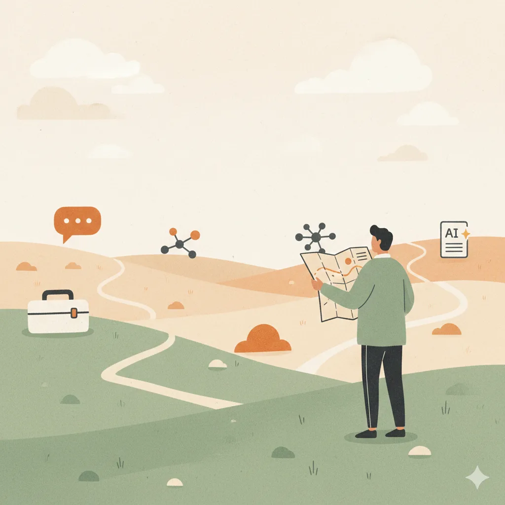 Illustration of a person standing in a landscape holding a map, with AI tool icons on the horizon