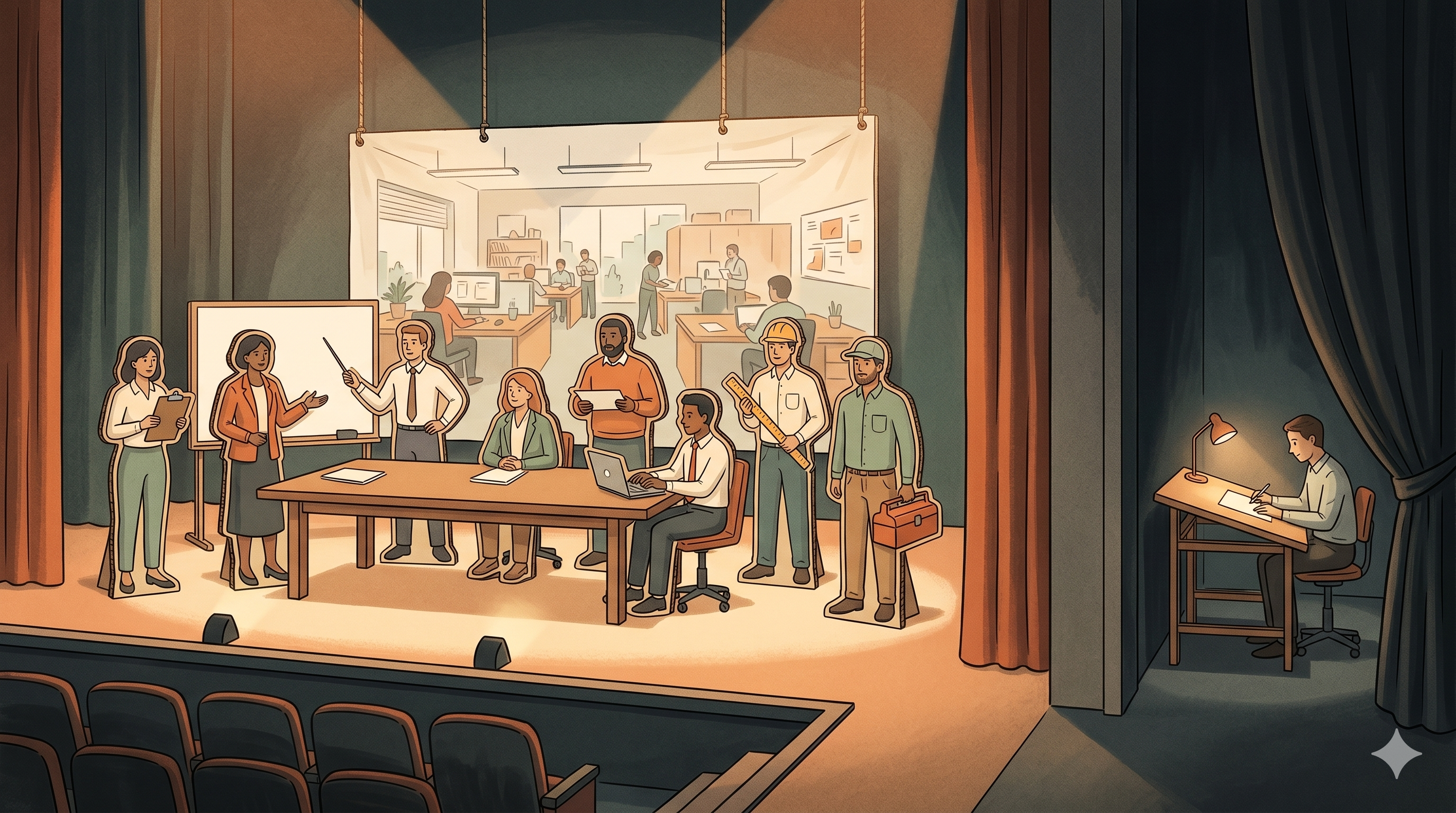 Illustration: cardboard cut-out figures arranged around a boardroom table on a theatre stage, while a single calm figure works alone at a drafting desk backstage