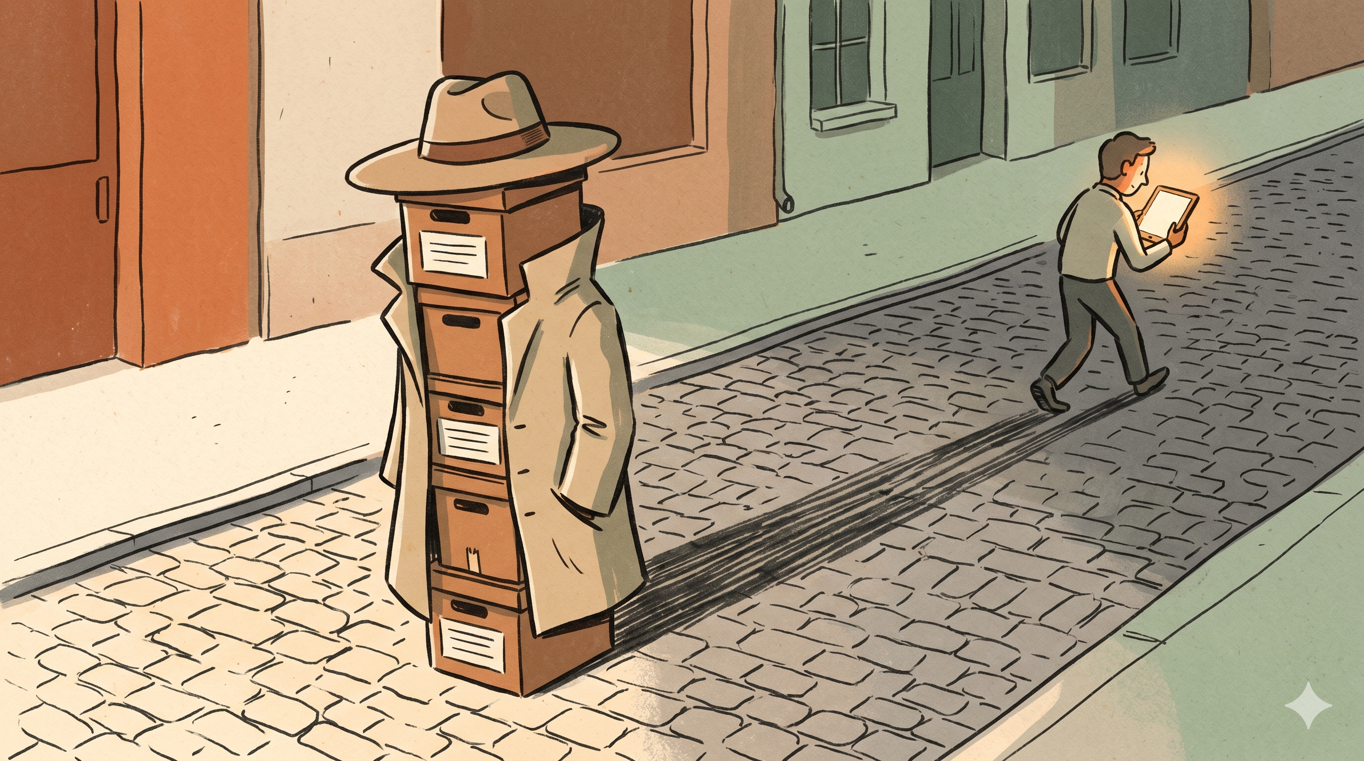 Cover illustration for Database in a Trenchcoat — a stack of filing boxes wearing a long coat and hat, standing in for a SaaS product whose UI no longer matters