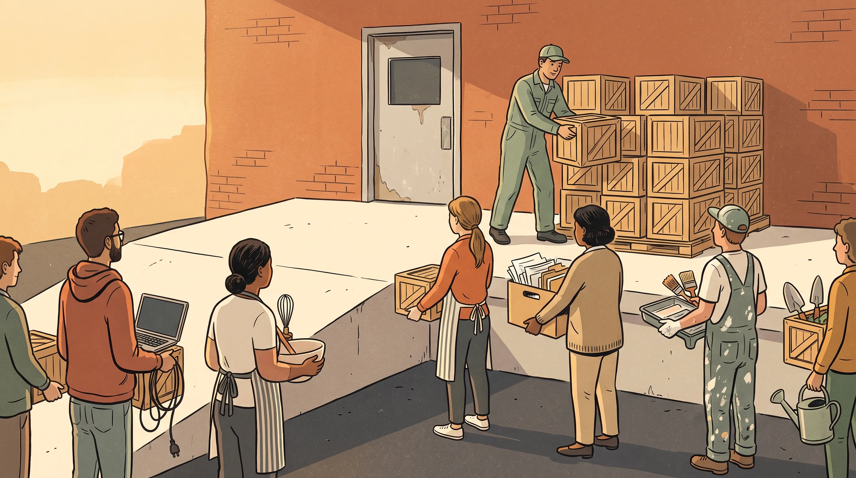 People from every trade queueing at a single loading dock, each one's very different work packed into identical crates that fit the doorway