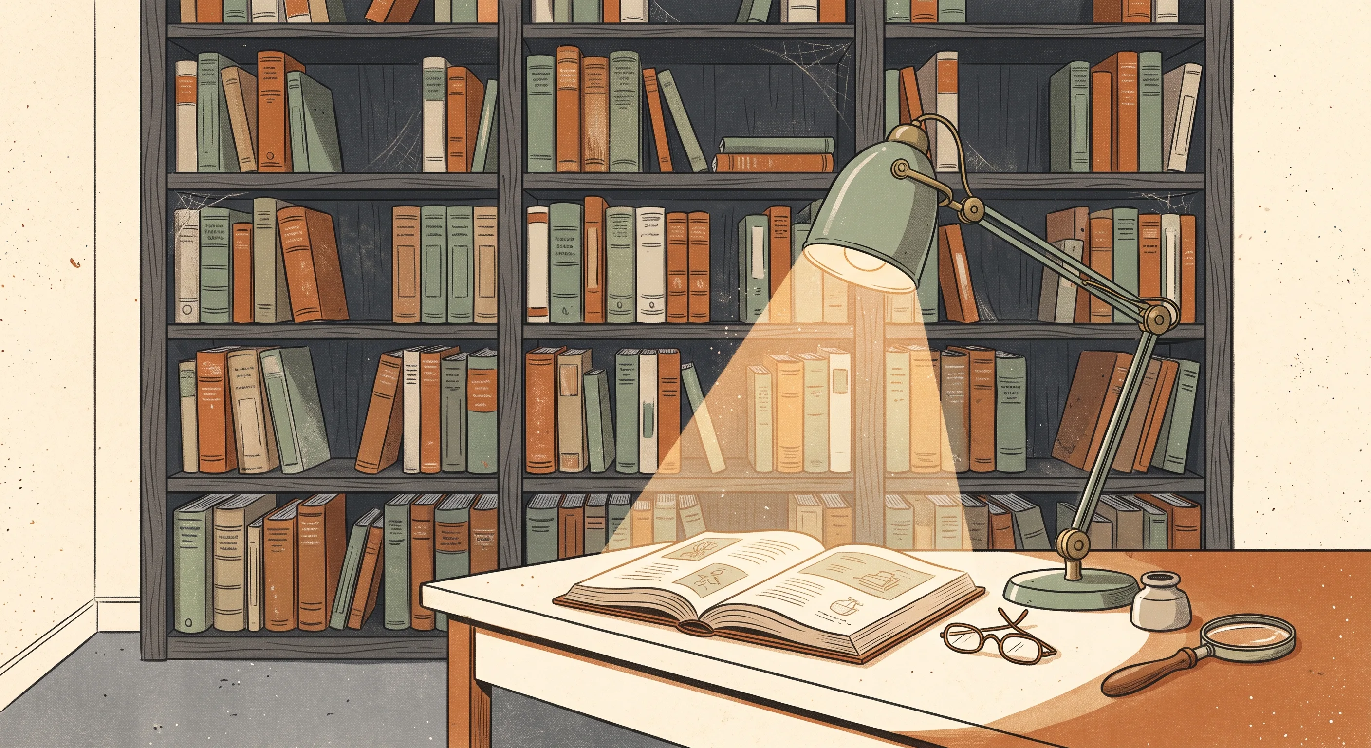 A tall shelf of dusty, uncracked handbooks in a dim room, beside one volume lying open on a desk under the warm beam of a lamp
