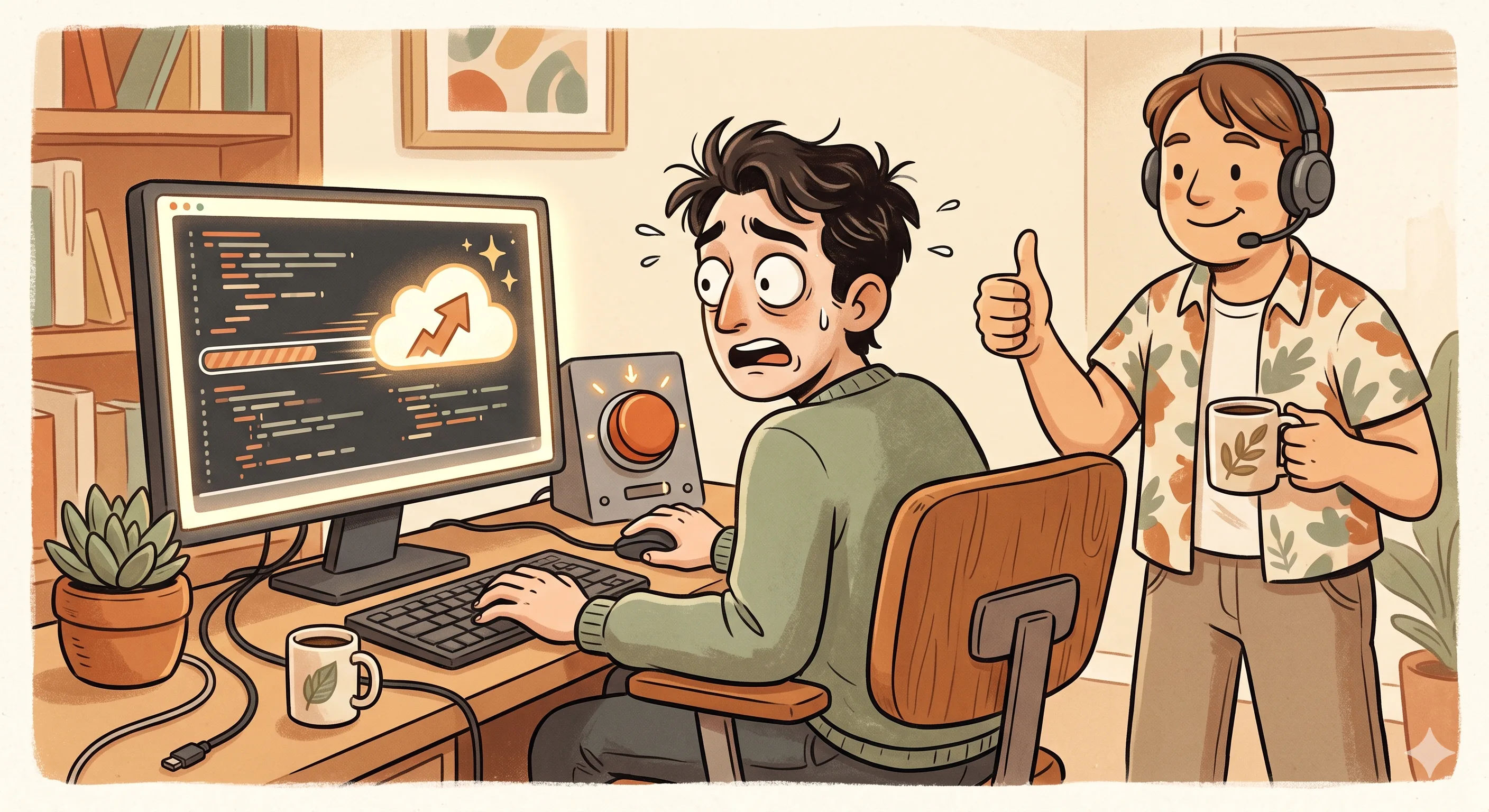 Comic illustration of an anxious software developer watching a non-developer's code race straight into production, in warm muted tones