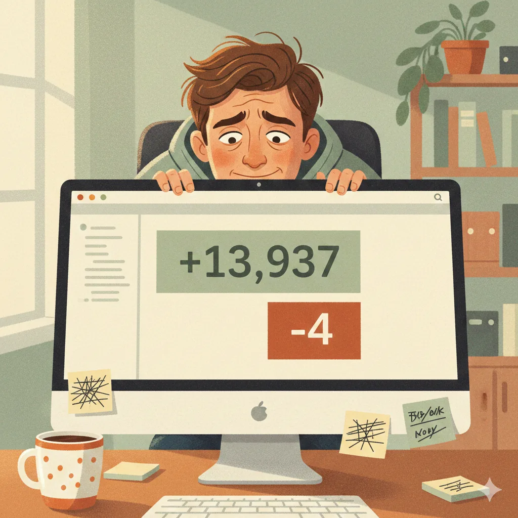 Illustration of a developer peeking guiltily from behind a monitor showing a massive pull request with +13,937 lines added