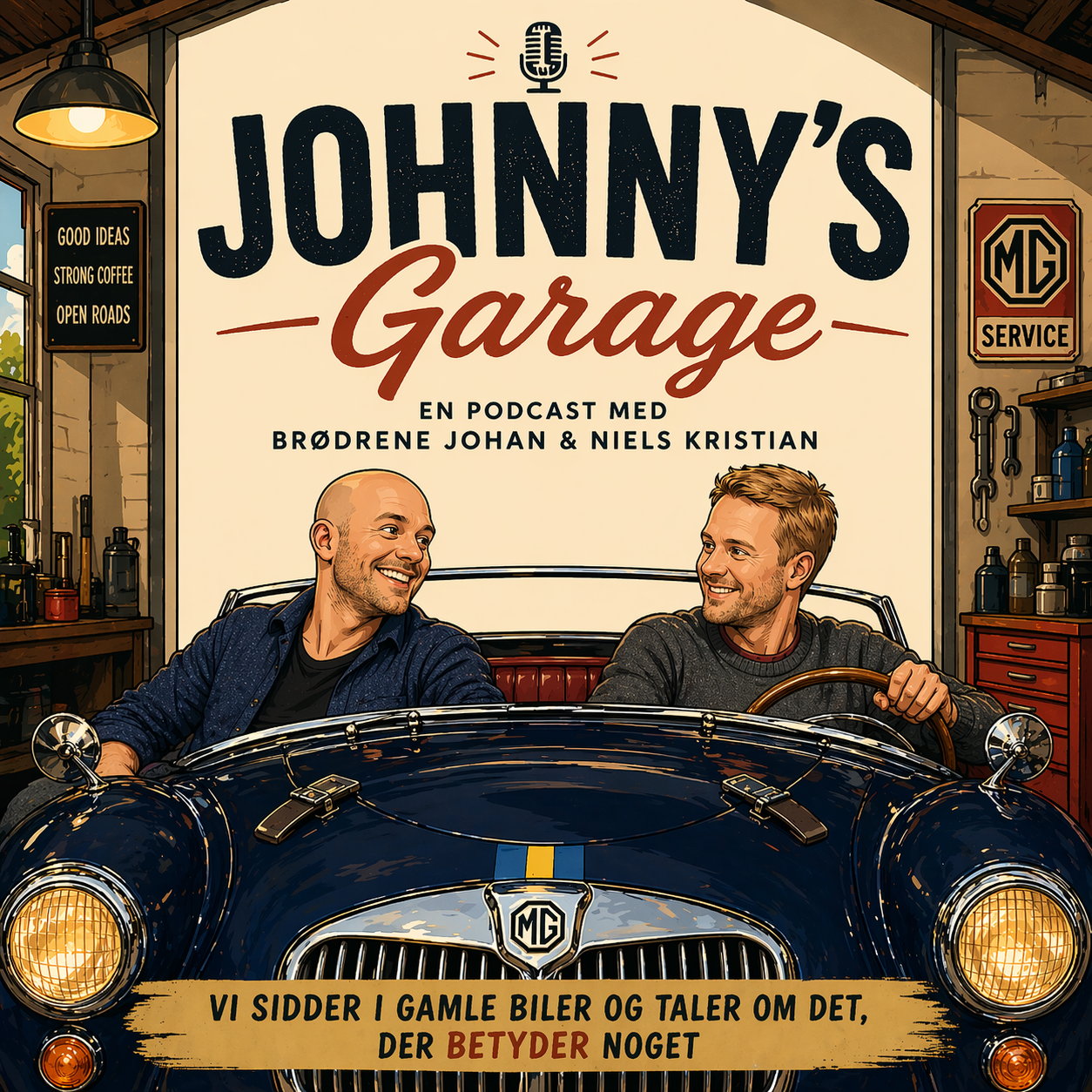 Cover til Johnny's Garage — Johan og Niels Kristian sidder smilende i en blå MG, tegnet i varme, retro farver