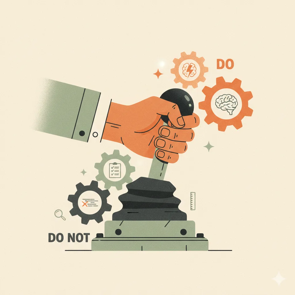 Illustration of a hand shifting gears, moving from old engineering practices to AI-first development