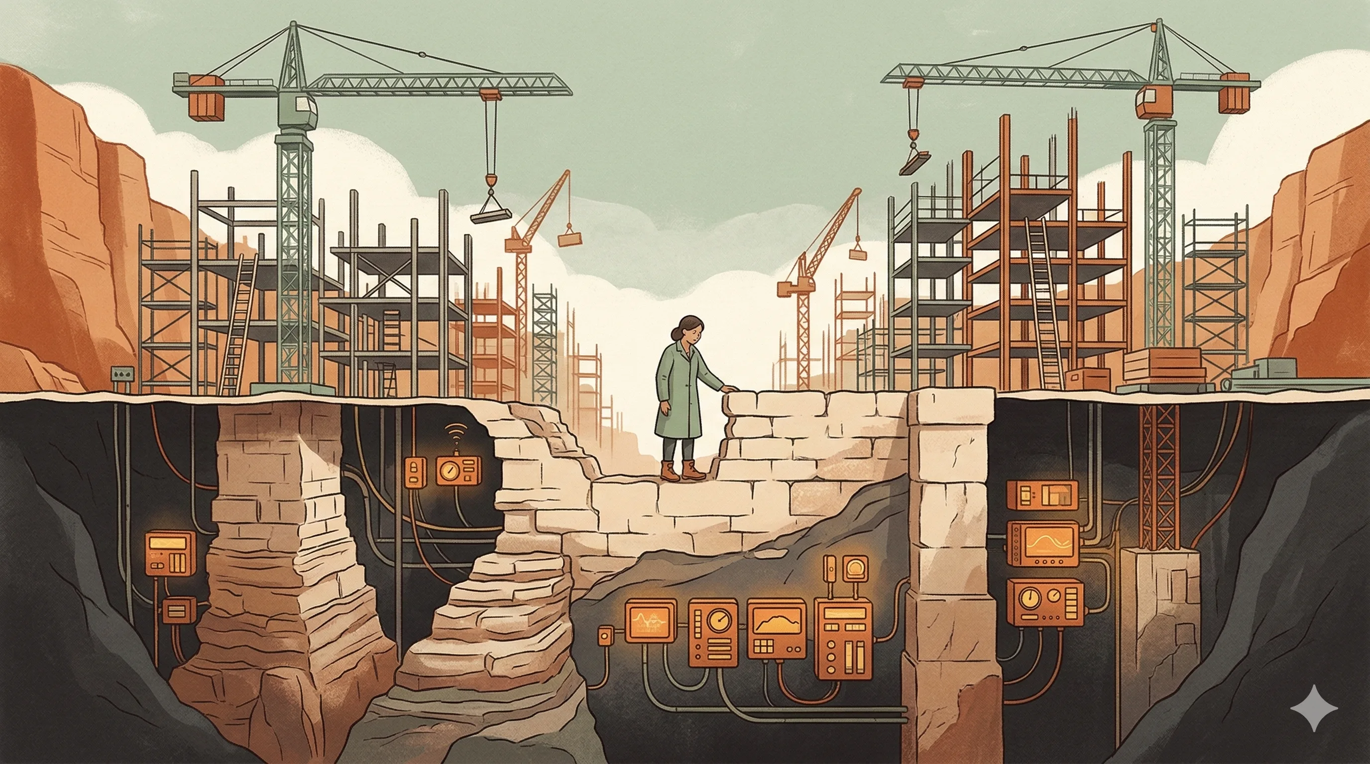 Illustration of deep foundations supporting a rapidly growing structure, in warm muted tones