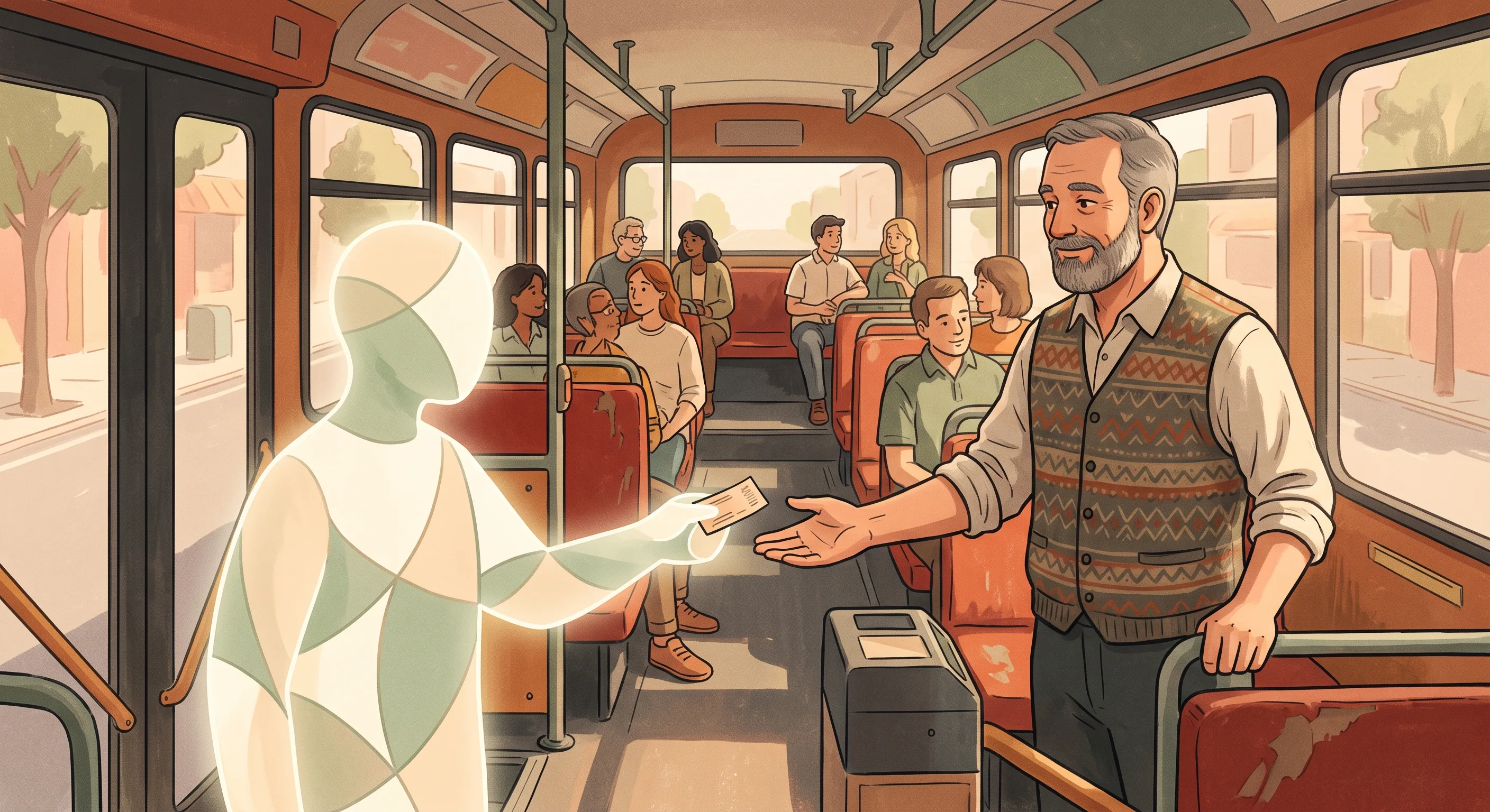 A bus conductor holding out an open hand for a ticket, while a softly glowing abstract presence on the step patiently offers one