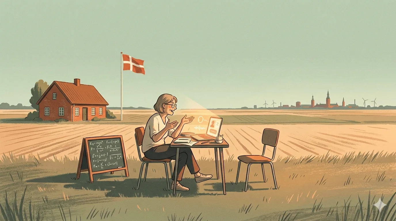 Illustration of a small Danish town with a lone figure and AI-generated conversation bubbles