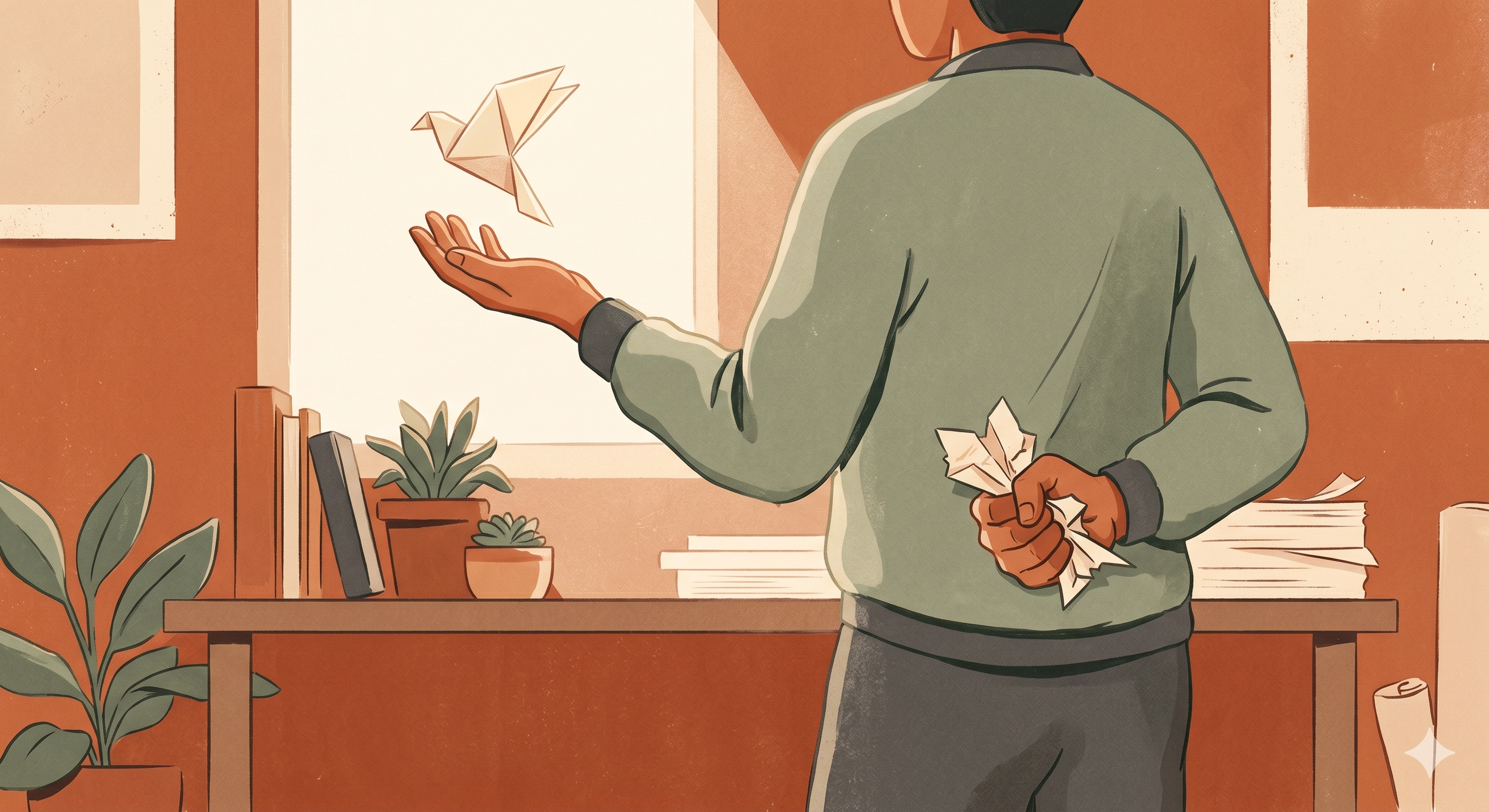 Cover illustration for The Humility Gap — an open hand letting a small bird take flight, beside a clenched fist holding a crushed paper plane, in muted earthy tones