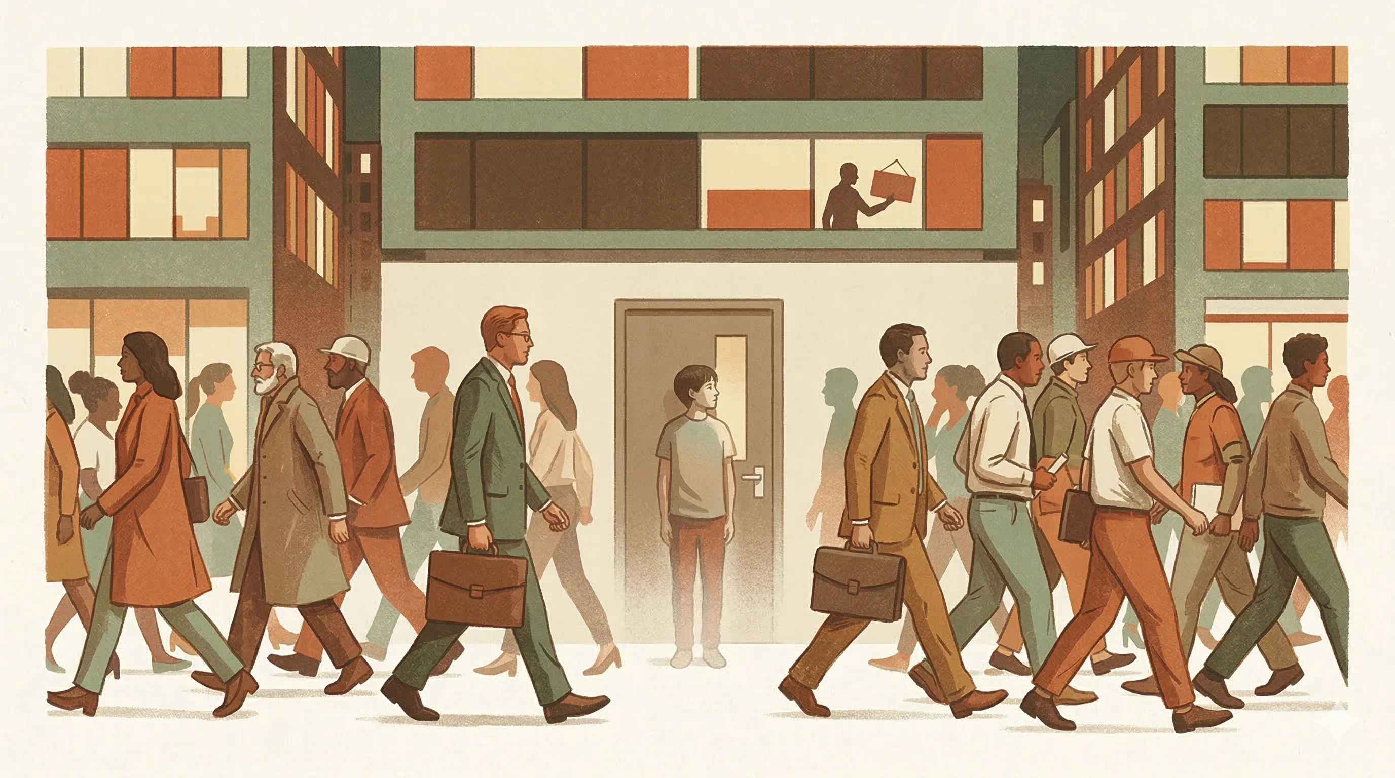 Illustration for They Don't Feel It — Yet: silent figures amid shifting labour market forces