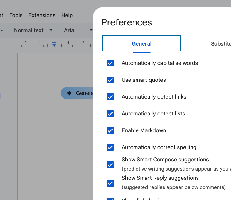 Google Docs Preferences panel showing the Enable Markdown checkbox