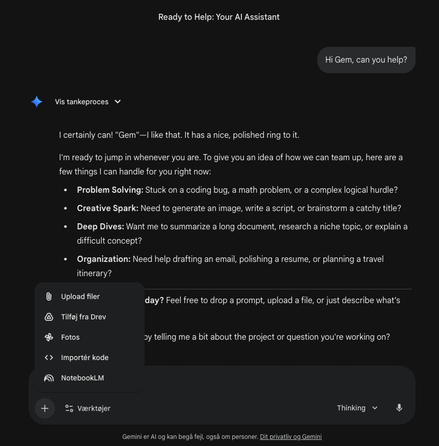 Google Gemini chat interface showing a simple conversation and attachment options including Google Drive, Photos, and NotebookLM