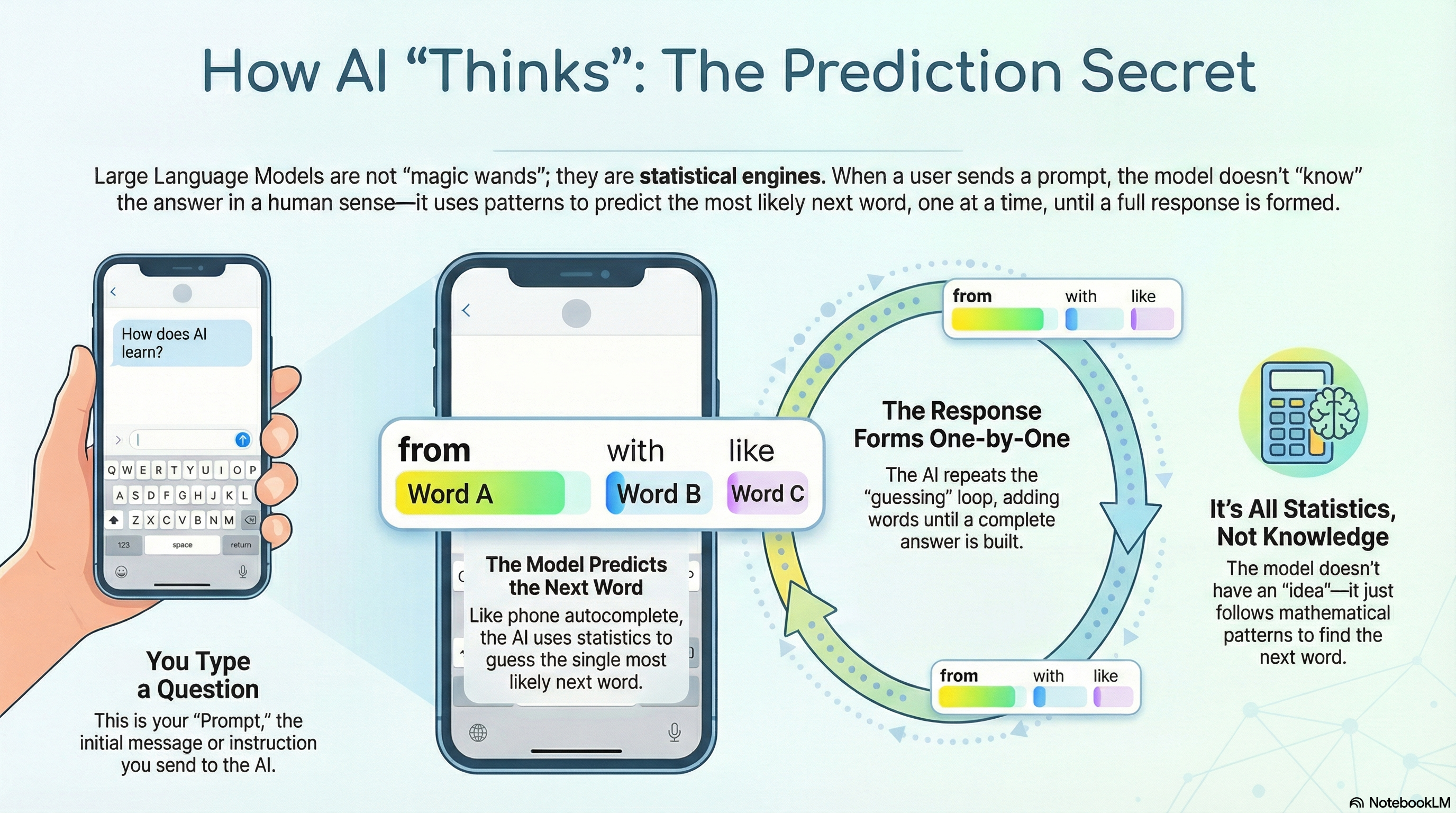 Infographic explaining how AI predicts the next word, using a phone autocomplete analogy