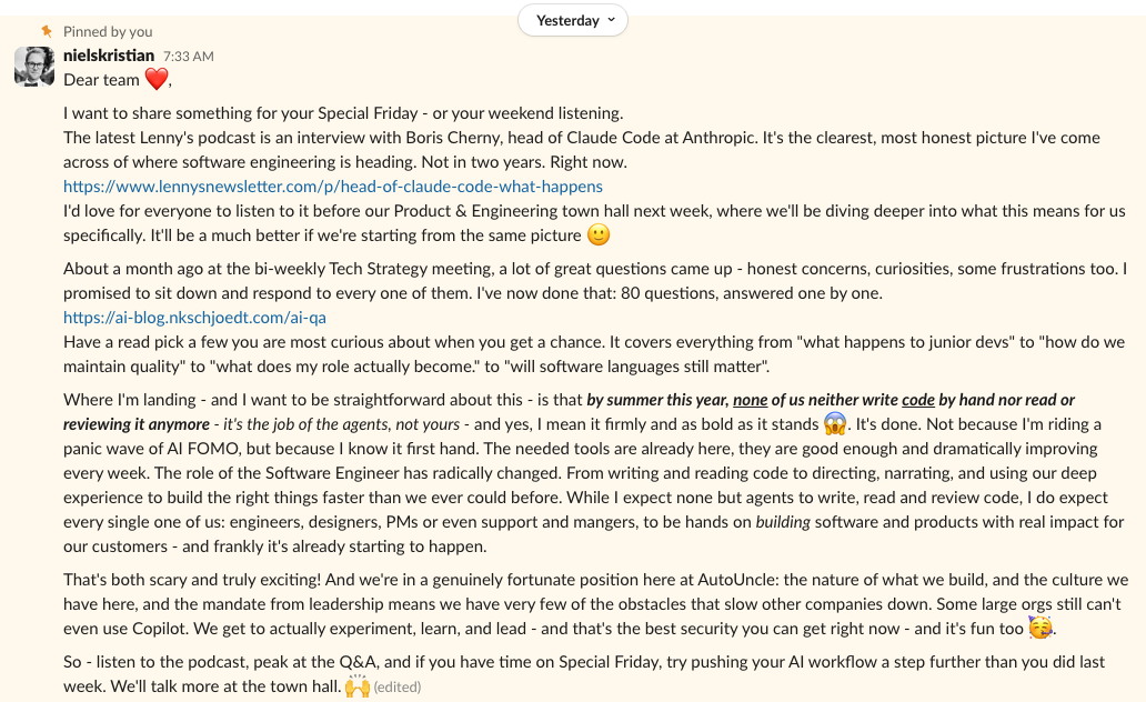 Screenshot of a Slack message to the engineering team about the shift to AI-first development