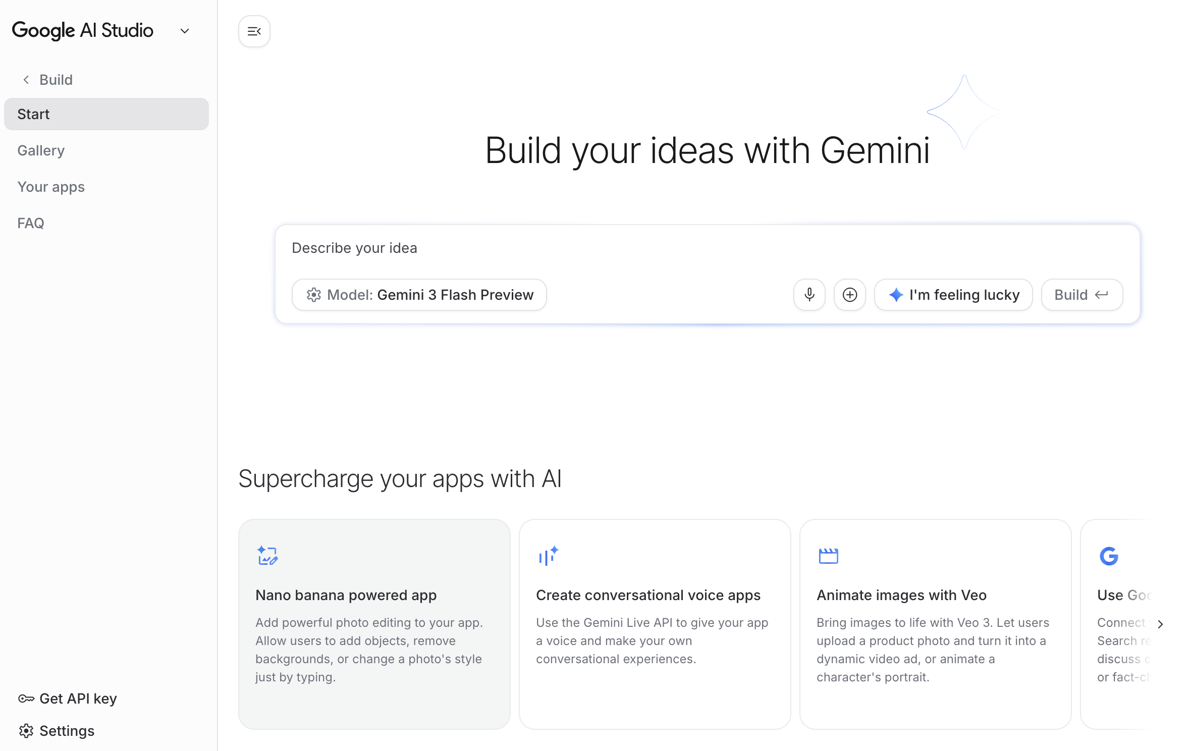 Google AI Studio interface showing prompt testing, app building, and model selection