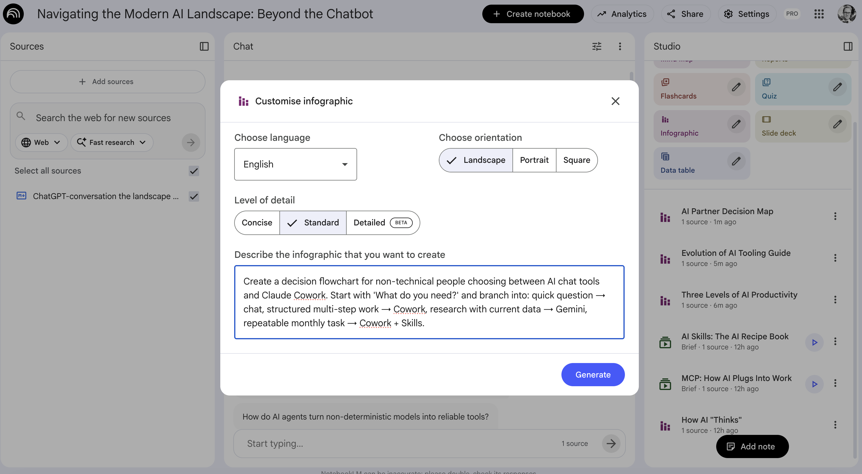 NotebookLM interface showing sources panel and generated podcast, FAQ, and study guide outputs